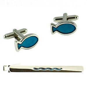 *3 FOR $9* NEW Brent Morgan Neckwear Religious Fish Wave Cufflinks Tie Clip Tin